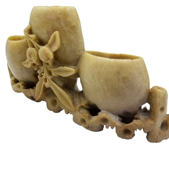 Vintage Hand-Carved Soapstone Floral Brush Pot - Picture 2 of 16